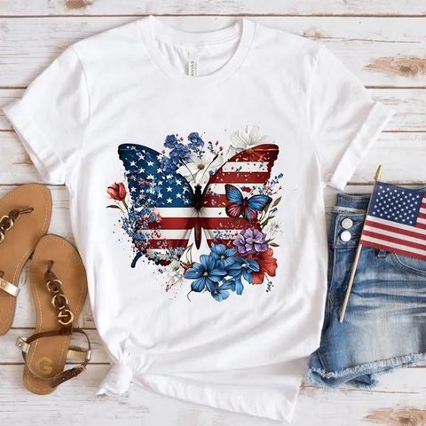 Frau T-shirt Kurzarm T-shirts Drucken Lässig Amerikanische Flagge Schmetterling
