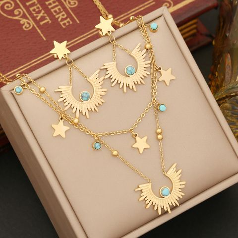 Stainless Steel 18K Gold Plated Ethnic Style Bohemian Layered Plating Inlay Star Turquoise Bracelets Earrings Necklace