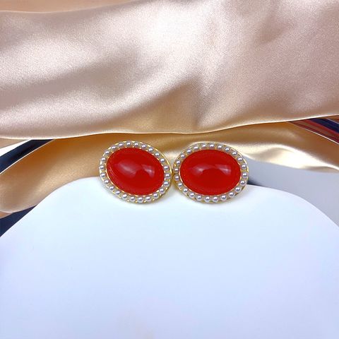 Fashion Round Heart Shape Flower Brass Inlay Artificial Pearls Rhinestones Opal Ear Clips 1 Pair