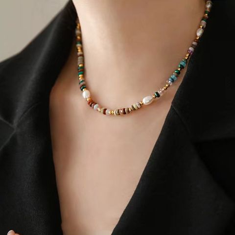 Retro Geometric Artificial Crystal Freshwater Pearl Beaded Women's Bracelets Necklace