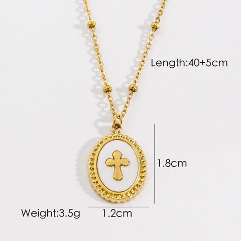 304 Stainless Steel 14K Gold Plated Retro Inlay Cross Square Oval Natural Stone Shell Zircon Pendant Necklace