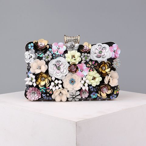 Blue Black Gold Pu Leather Flower Square Evening Bags