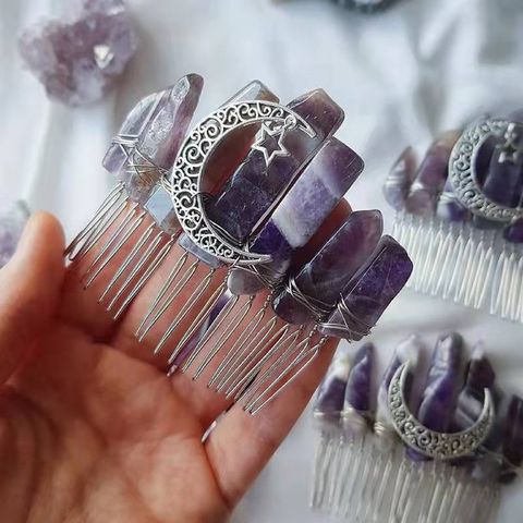 Vintage Style Star Moon Natural Amethyst Hair Band Insert Comb