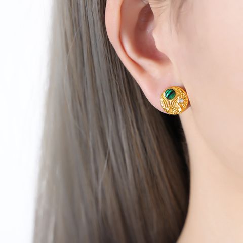 1 Pair Casual Simple Style Round Plating Inlay Titanium Steel Turquoise Rhinestones 18k Gold Plated Ear Studs