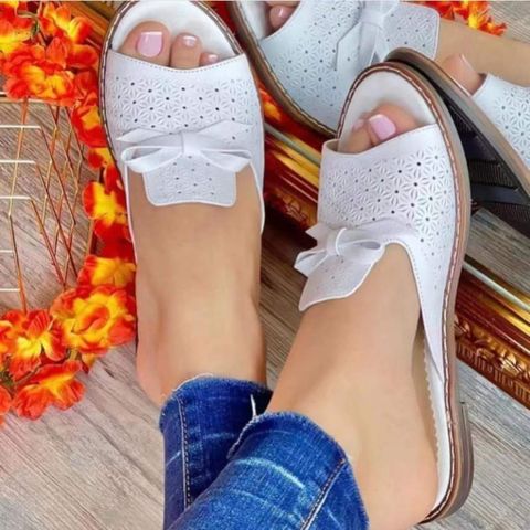 Women's Casual Solid Color Bowknot Sewing Thread Hollow Open Toe Casual Sandals