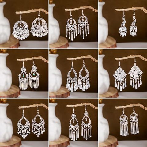 1 Pair Retro Leaf Sector Tassel Plating Hollow Out Inlay Alloy Turquoise Drop Earrings