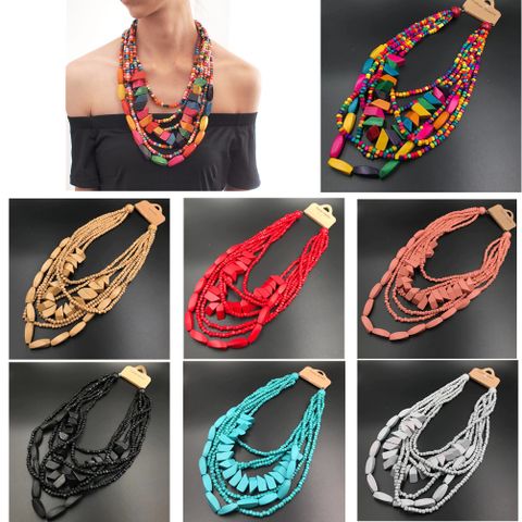 Retro Ethnic Style Colorful Solid Color Wood Beaded Women's Long Necklace