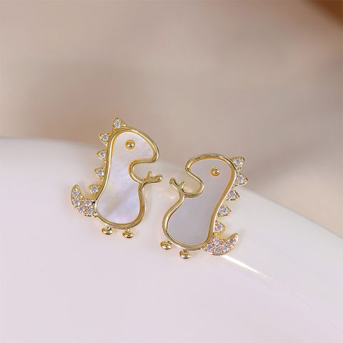 1 Pair Cute Simple Style Dinosaur Plating Inlay Copper Shell Zircon 14k Gold Plated Ear Studs