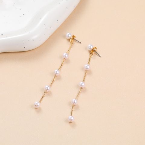 1 Pair Elegant Classic Style Round Beaded Chain Inlay Alloy Pearl Drop Earrings