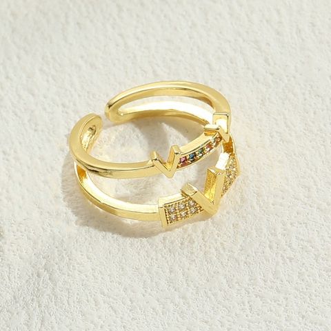 Elegant Luxurious Letter Water Droplets Heart Shape Copper Plating Inlay Zircon 14k Gold Plated Open Rings