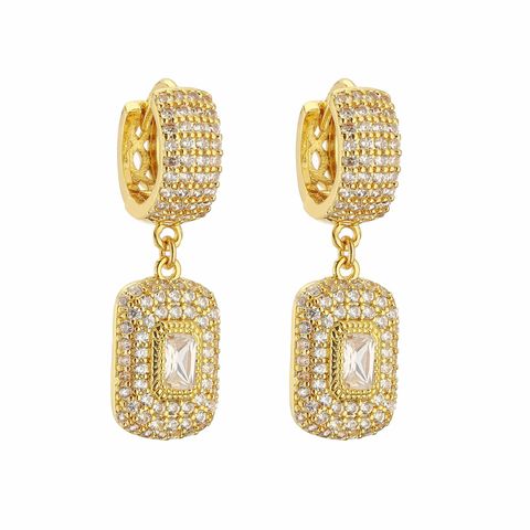 1 Pair Elegant Shiny Square Plating Inlay Copper Artificial Diamond 18k Gold Plated Drop Earrings
