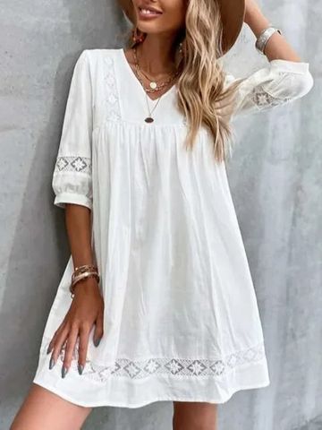 Women's White Dress Vacation V Neck Lace Half Sleeve Solid Color Short Mini Dress Holiday