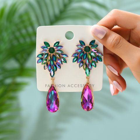 1 Pair Elegant Shiny Water Droplets Hollow Out Inlay Zinc Alloy Rhinestones Drop Earrings