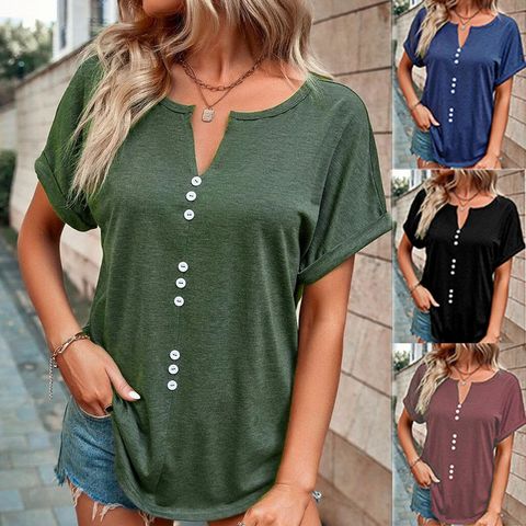 Women's T-shirt Short Sleeve T-shirts Patchwork Button Casual Solid Color