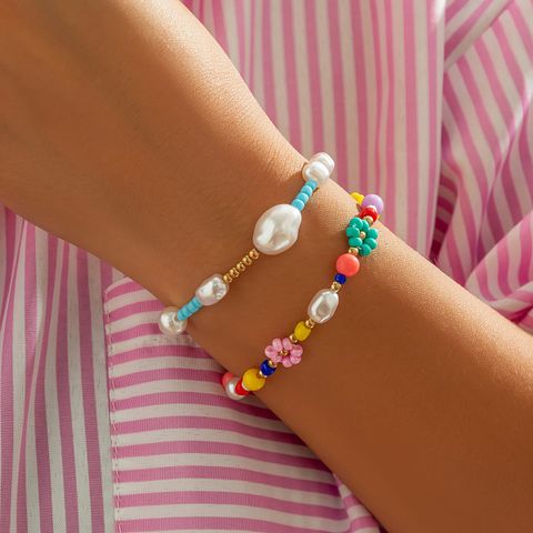 Wholesale Jewelry Vacation Beach Simple Style Flower Ccb Imitation Pearl Beaded Bracelets