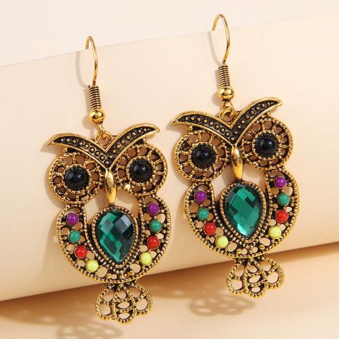 1 Pair Vintage Style Owl Inlay Alloy Rhinestones Drop Earrings
