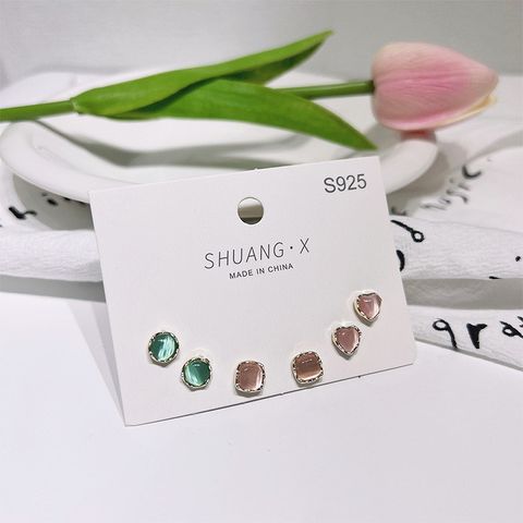 1 Set Elegant Lady Geometric Inlay Alloy Opal Ear Studs