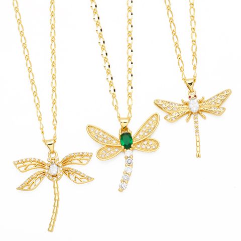 Casual Simple Style Dragonfly Stainless Steel Copper Plating Inlay Zircon 18k Gold Plated Pendant Necklace Long Necklace