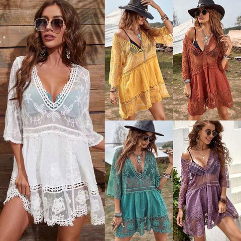 Women's Beach Solid Color Hollow Out Cover Ups