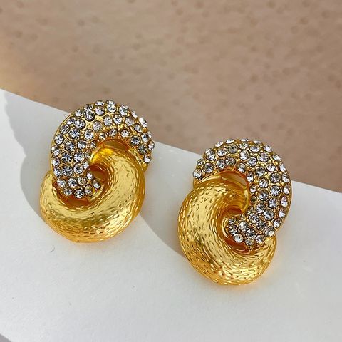 1 Pair Exaggerated Double Ring Inlay Alloy Rhinestones Ear Studs