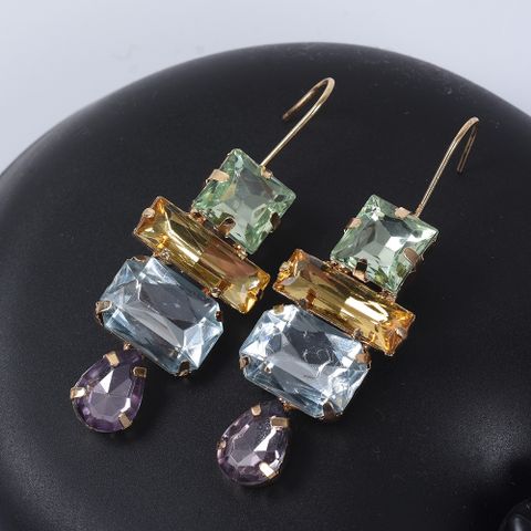 1 Pair Simple Style Square Inlay Alloy Artificial Gemstones Drop Earrings