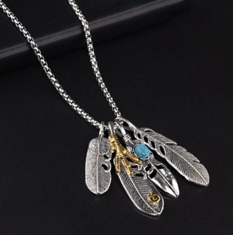 Retro Simple Style Feather Alloy Titanium Steel Inlay Turquoise Unisex Pendant Necklace