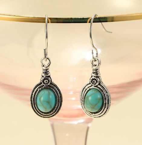 Retro Ethnic Style Oval Alloy Inlay Turquoise Women's Drop Earrings