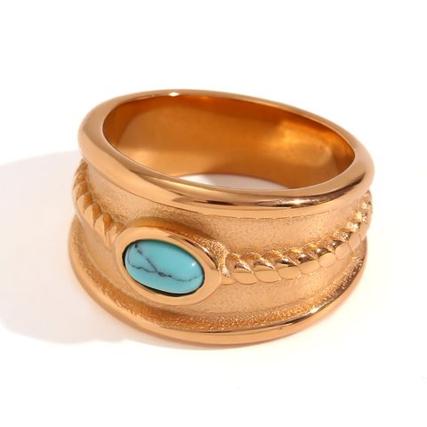 Vintage Style Classic Style Oval Stainless Steel Plating Inlay Natural Stone 18k Gold Plated Wide Band Rings