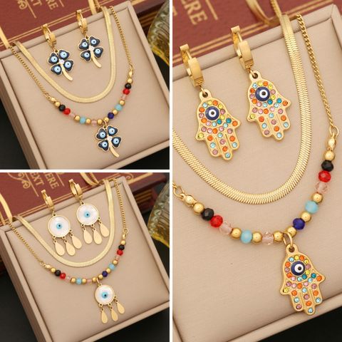 Stainless Steel 18K Gold Plated Casual Bohemian Enamel Plating Inlay Palm Eye Artificial Crystal Earrings Necklace