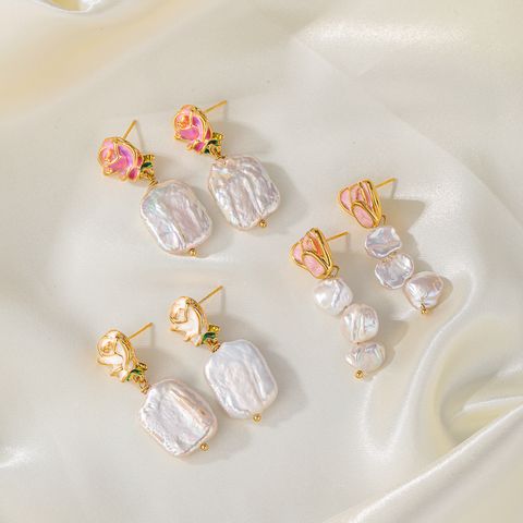 1 Pair Retro French Style Irregular Flower Enamel Plating Freshwater Pearl Copper 18k Gold Plated Drop Earrings