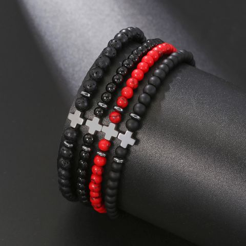 Hip-Hop Classic Style Cross Turquoise Volcanic Rock Black Matte Handmade Magnetic Men'S Bracelets