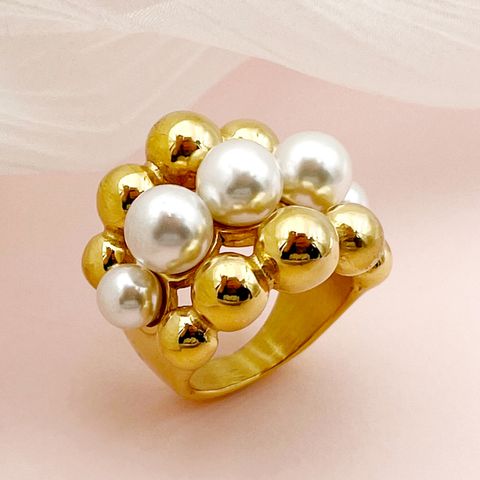 304 Stainless Steel 14K Gold Plated Vintage Style Simple Style Plating Hollow Out Inlay Round Pearl Rings
