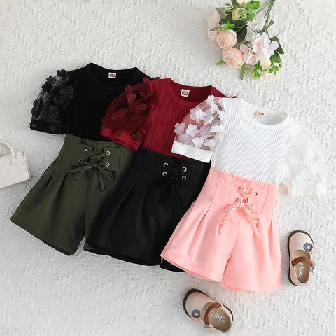 Streetwear Solid Color Flower Cotton Girls Clothing Sets