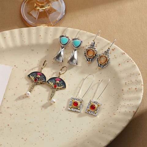 1 Pair Vintage Style Triangle Square Enamel Inlay Alloy Artificial Pearls Natural Stone Drop Earrings