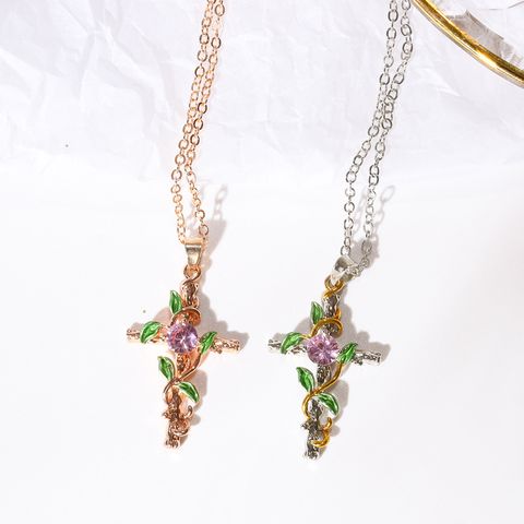 Lady Cross Leaf Artificial Gemstones Alloy Wholesale Pendant Necklace