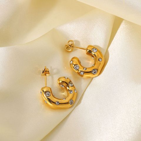 1 Pair Casual Simple Style C Shape Plating Inlay Stainless Steel Titanium Steel Rhinestones 18k Gold Plated Ear Studs