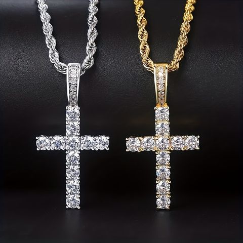 Hip-hop Cross Copper Inlay Zircon Men's Pendant Necklace