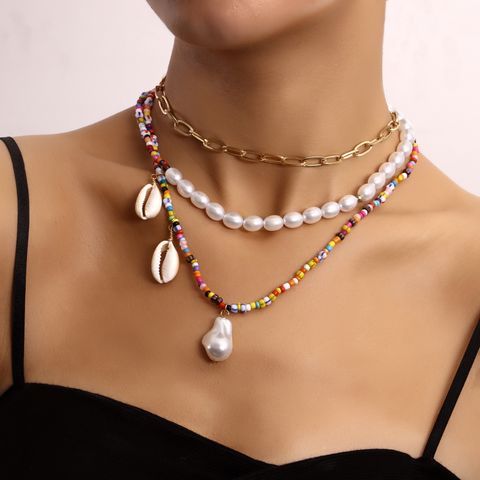 Vacation Shell Alloy Baroque Pearls Seed Bead Wholesale Layered Necklaces