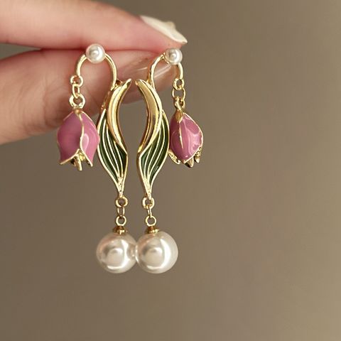 1 Pair Korean Style Flower Enamel Imitation Pearl Alloy Drop Earrings