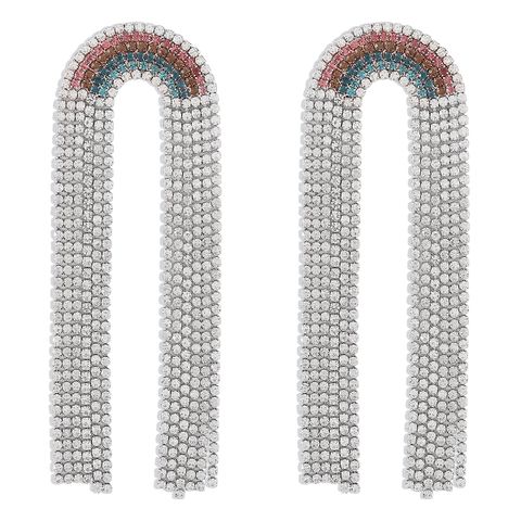 1 Pair Exaggerated Luxurious Rainbow Tassel Alloy Rhinestone Drop Earrings