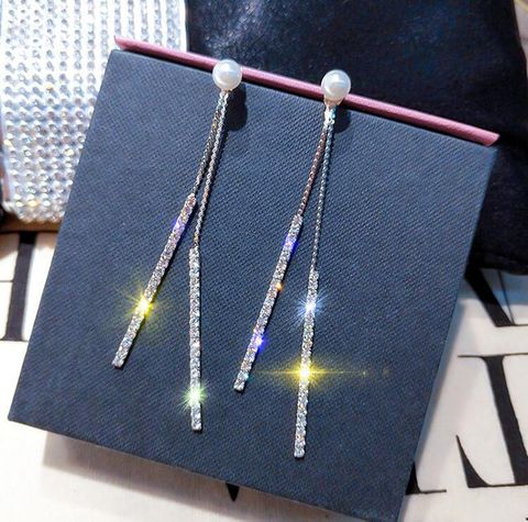 1 Pair Elegant Shiny Tassel Plating Inlay Alloy Artificial Diamond Drop Earrings