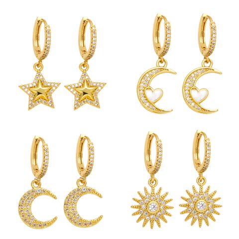 1 Paire Style Ig Vêtement De Rue Soleil Star Lune Placage Incruster Le Cuivre Zircon Plaqué Or 18k Boucles D'oreilles