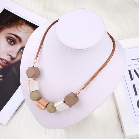 Casual Simple Style Square Ball Artificial Crystal Wooden Beads Wholesale Necklace