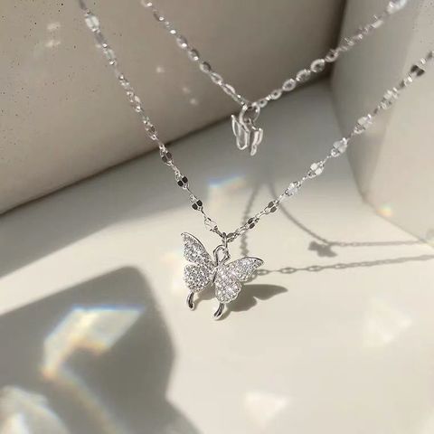 Ig Style Sweet Butterfly Sterling Silver Zircon Layered Necklaces In Bulk