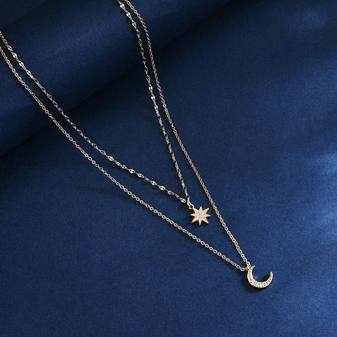 Lady Korean Style Star Moon Copper Inlay Zircon White Gold Plated Gold Plated Layered Necklaces