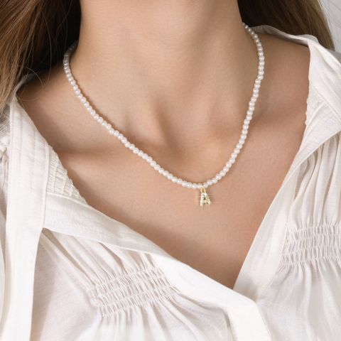 Basic Simple Style Letter Imitation Pearl Beaded Plating Inlay Zircon Gold Plated Pendant Necklace