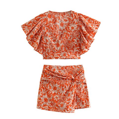 Women's Streetwear Flower Polyester Printing Ruffles Skirt Sets
