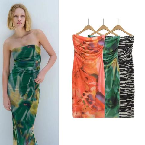 Women's Sheath Dress Streetwear Strapless Printing Contrast Binding Sleeveless Color Block Maxi Long Dress Party Street
