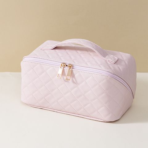 Women's Large All Seasons Pu Leather Lingge Basic Square Zipper Cosmetic Bag