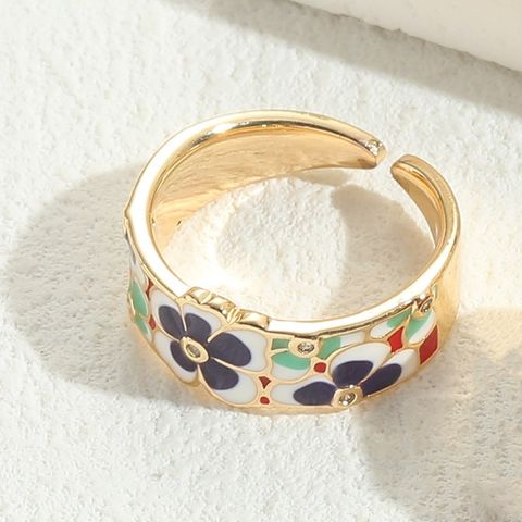 Elegant Luxurious Flower Copper Plating Inlay Zircon 14k Gold Plated Open Rings